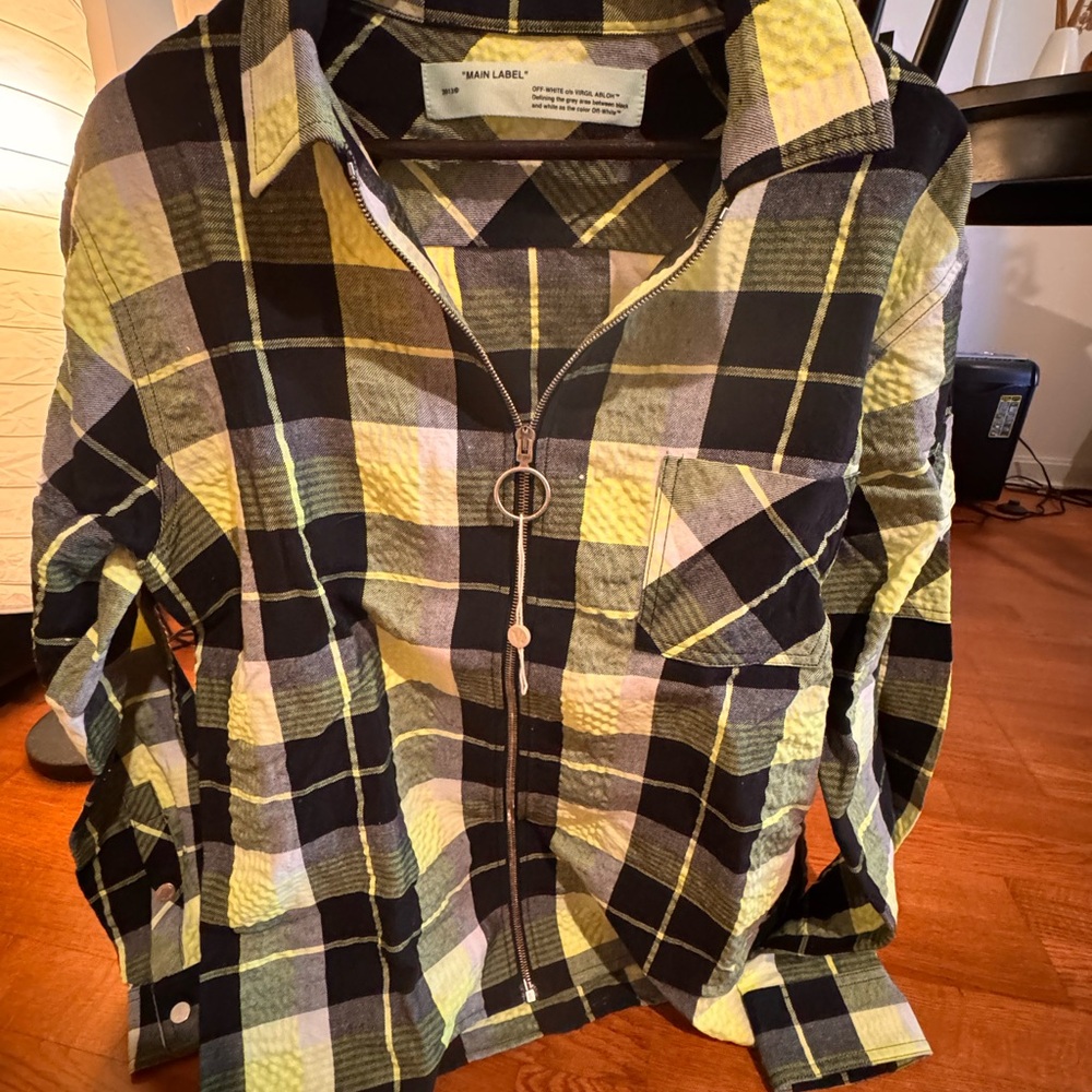 Off White Plaid Zip-Up Shirt in Black and Neon Yellow, L, made from renewable Ps